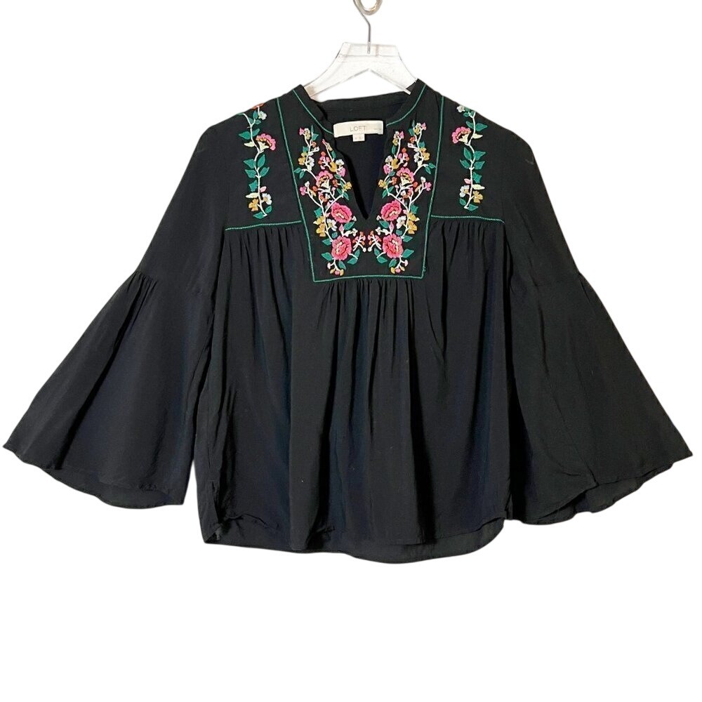 Loft Floral Embroidered Split Neck Bell Sleeve‎ Black Blouse Size SP
